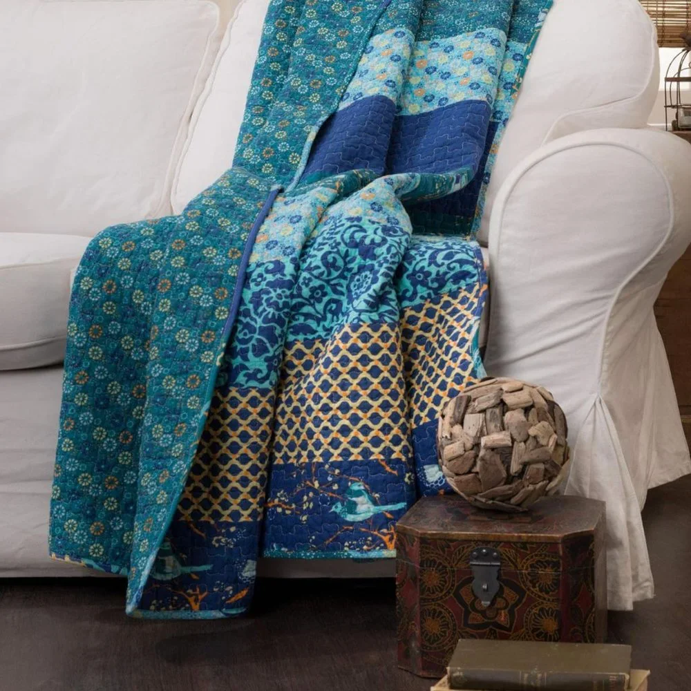 Boho Blue Birds Throw Blanket Bedspread Quilt - 50